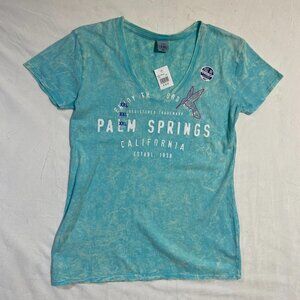 Palm Springs California T-Shirt Womens 2XL Aqua Blue Tie-Dye Graphic V-Neck